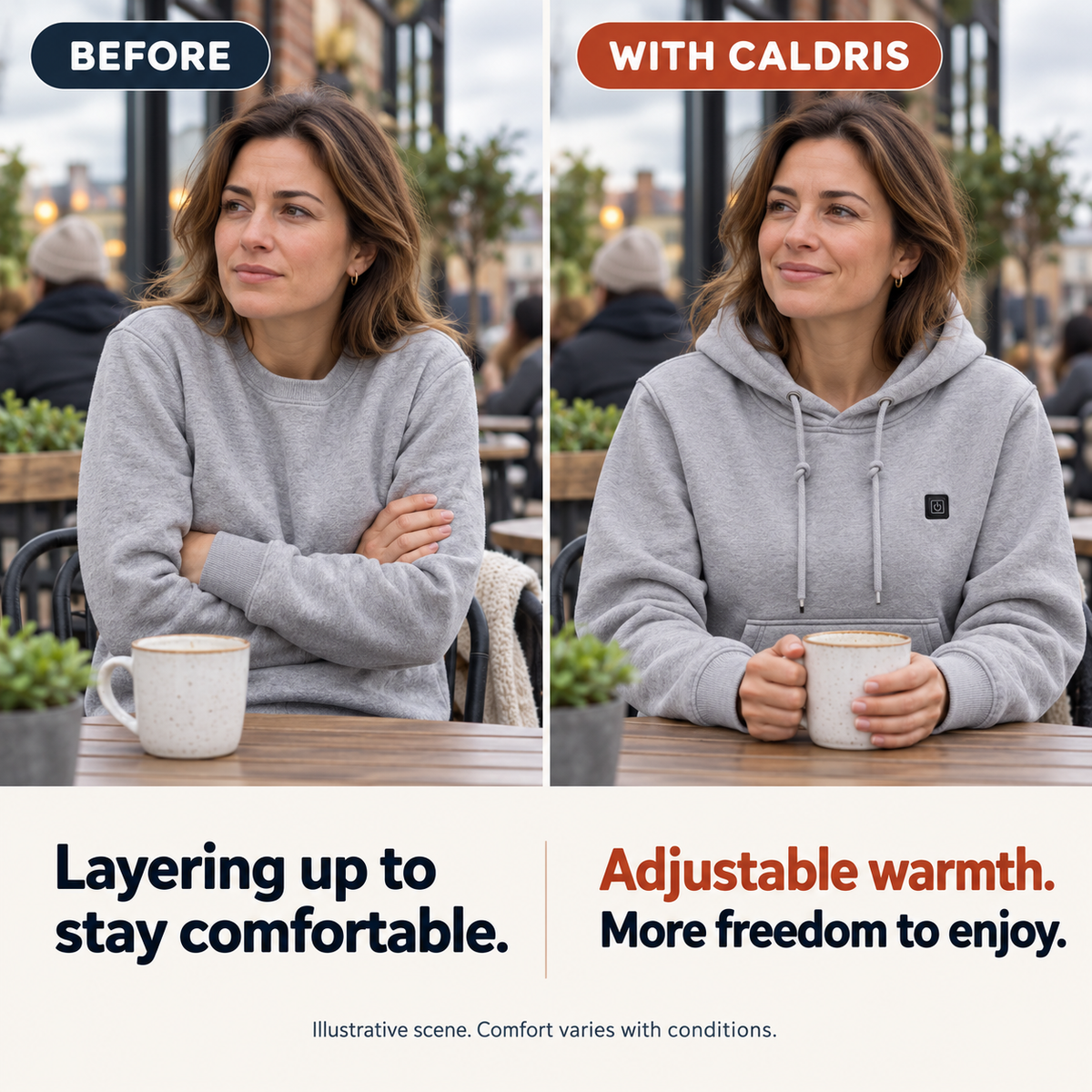 Illustrative before and with Caldris comparison: adjustable warmth for more comfortable moments.