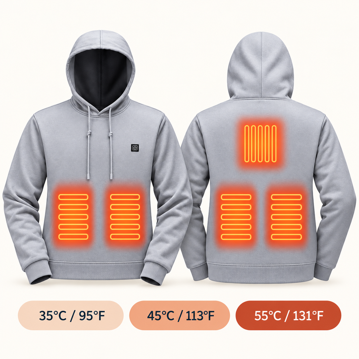 Five heating zones: two at the front and three at the back. Three indicative settings: 35, 45 and 55 degrees Celsius.