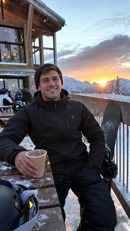 Veste chauffante noire sur une terrasse enneigée en montagne