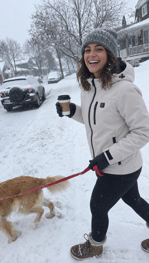 Veste chauffante blanche pendant une promenade avec un chien dans la neige