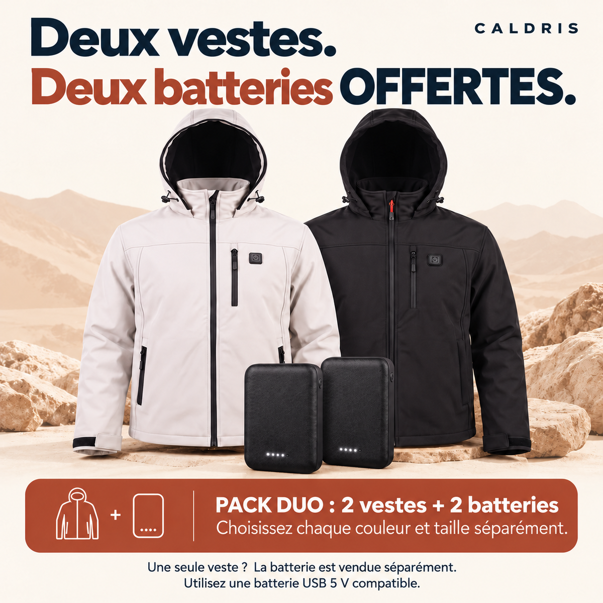 Pack Duo : deux vestes et deux batteries offertes. Choisissez chaque couleur et taille séparément. Pour une seule veste, la batterie USB 5 V compatible est vendue séparément.