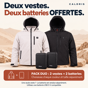 Pack Duo : deux vestes et deux batteries offertes. Choisissez chaque couleur et taille séparément. Pour une seule veste, la batterie USB 5 V compatible est vendue séparément.