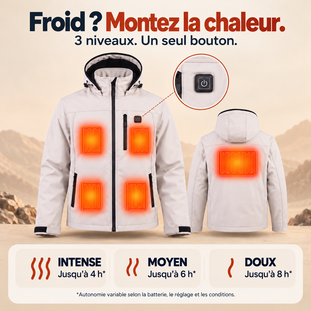 Trois niveaux, un seul bouton : jusqu’à 4 h en mode intense, 6 h en mode moyen et 8 h en mode doux. Autonomie variable selon la batterie, le réglage et les conditions.