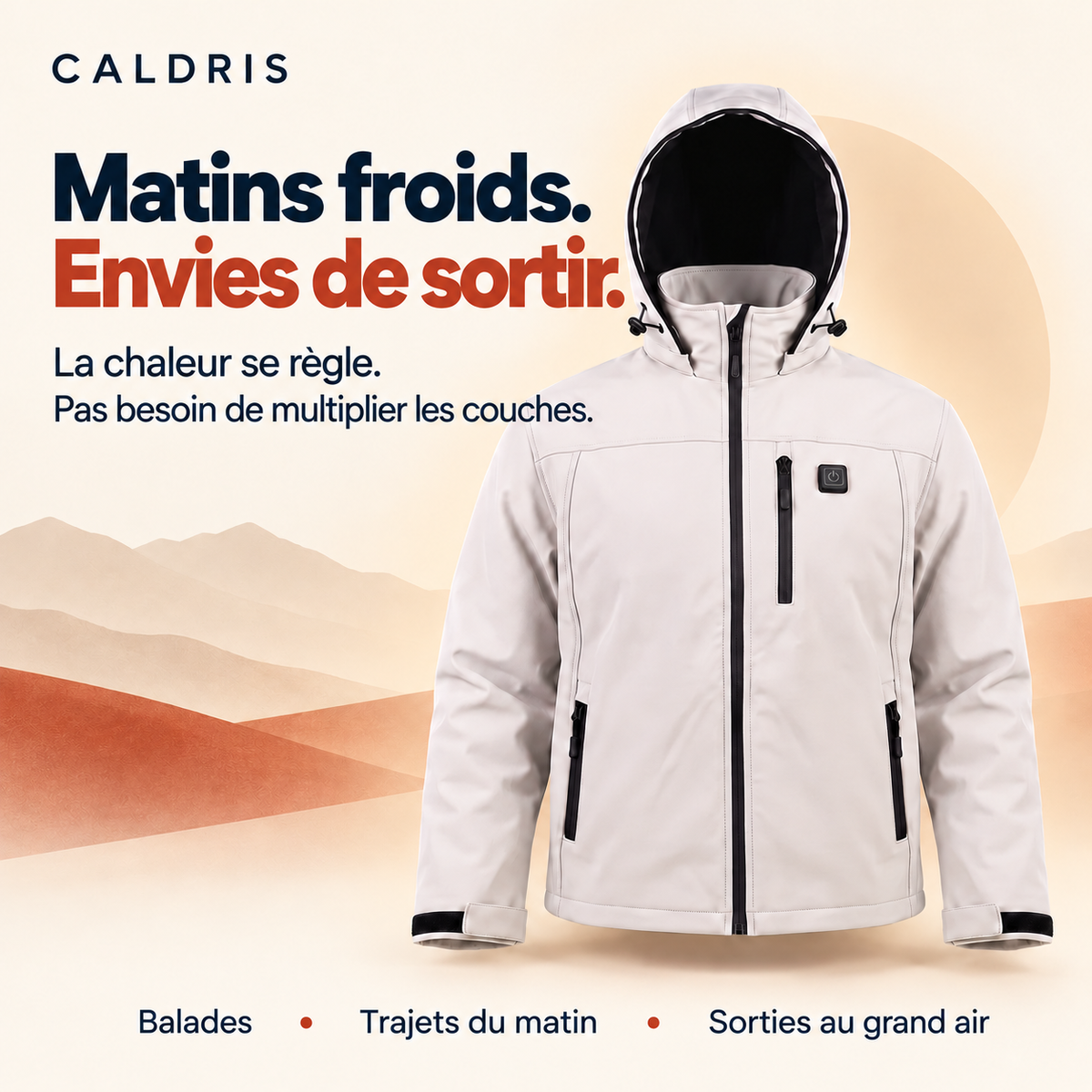 Matins froids. Envies de sortir. La chaleur se règle, pas besoin de multiplier les couches. Veste chauffante Caldris blanche.