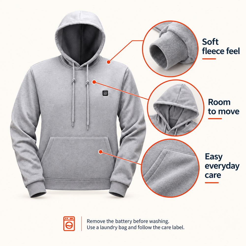 Caldris fleece hoodie details: drawstring hood, kangaroo pocket and ribbed cuffs.