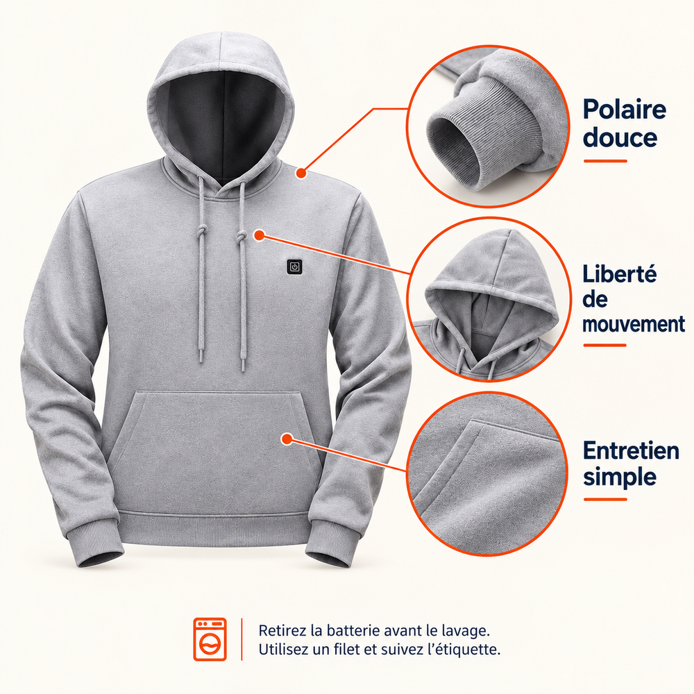 Détails du sweat Caldris : capuche à cordon, poche kangourou et poignets côtelés.