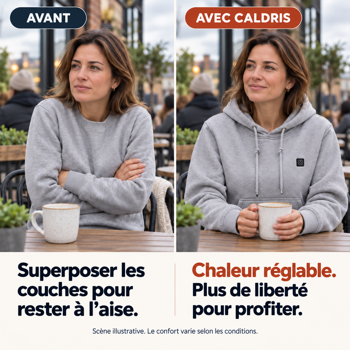 Comparaison illustrative avant et avec Caldris : une chaleur réglable pour profiter des moments dehors.