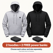 Duo Pack: two hoodies and two free power banks. Choose each colour and size independently. Batteries shown for illustration.