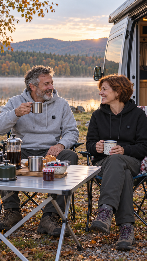 Couple wearing grey and black Caldris hoodies at a campsite