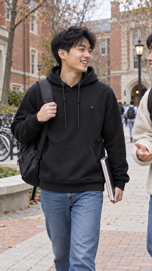 Student on campus in a black Caldris hoodie