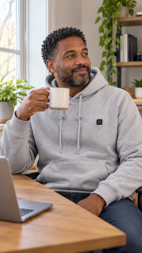 Man wearing a grey Caldris hoodie at his home desk