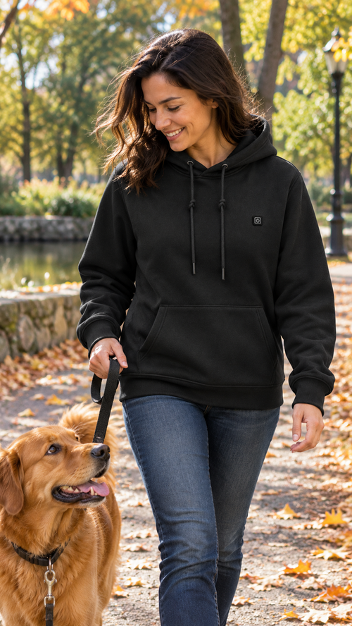 Woman walking her dog in a black Caldris hoodie