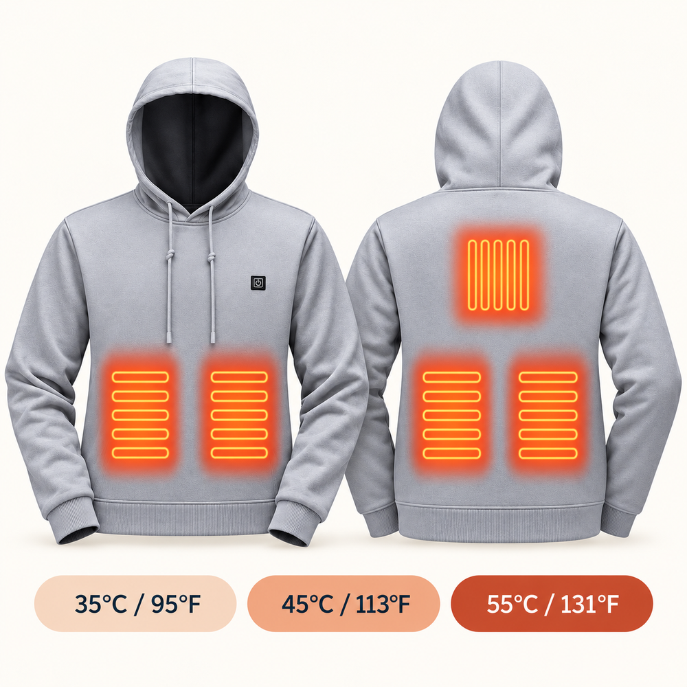 The five heating zones of the Caldris hoodie.