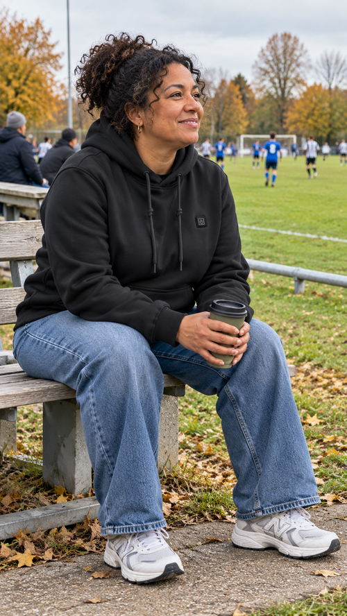 Woman watching football in a black Caldris hoodie